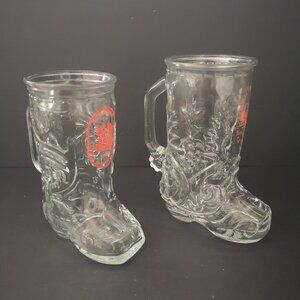 VTG Libbey 2 Boot Shaped Glass Beer Mugs Curly's Promotional Souvenirs w/Handles